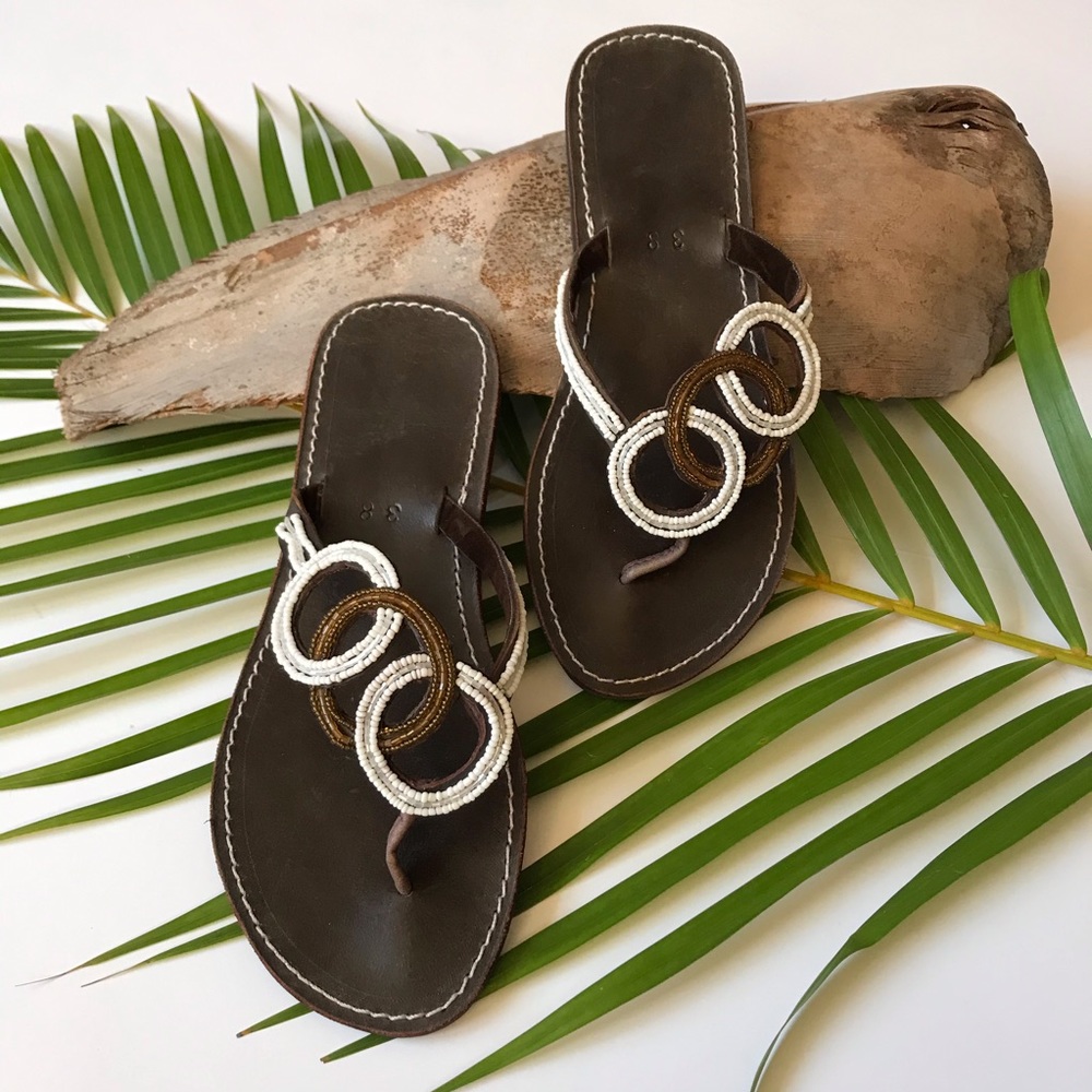 Brown Leather Handmade Beaded Size 8 Sandals